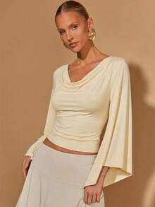 COSMINA Áo thun nữ tay dài dáng lửng, cổ xếp ly, màu trơn - Màu be - Xem 5