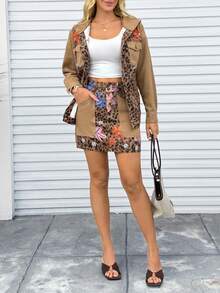 EMERY ROSE Women's Leopard Print Pocket Hooded Long Sleeve Denim Jacket And Coat - Coffee Brown - View 3