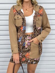 EMERY ROSE Women's Leopard Print Pocket Hooded Long Sleeve Denim Jacket And Coat - Coffee Brown - View 8