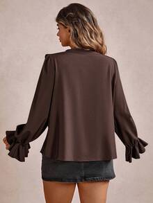 Freevana Plus Size Elegant V-Neck Long Sleeve Shirt With Ruffle Trim - Coffee Brown - View 2