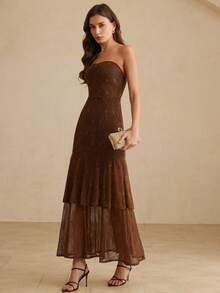 Aveloria Rosie Đầm maxi ren nâu không dây vai, xếp ly đôi, thanh lịch, duyên dáng và lãng mạn, mềm mại, sống động và tinh nghịch, phù hợp cho các buổi hẹn hò, tiệc trà chiều và các buổi gặp gỡ. - màu nâu - Xem 7