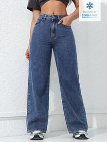 SHEIN ICON Quần jeans nữ ống rộng có túi, dáng suông, đa năng. - Rửa tối - Xem 4