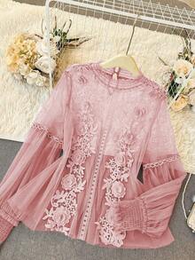 Lacomfia 女士蕾丝边长袖宽松浪漫优雅大码衬衫 - 粉色 - 查看 5