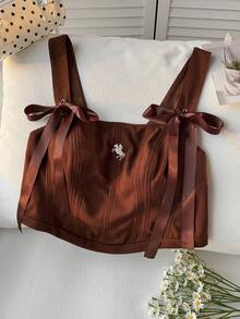 Comfortcana Débardeur corset style occidental à lacets et broderie, marron, convient pour le Nouvel An, Noël, Thanksgiving, top marron chocolat grande taille - Kaki - Voir 6