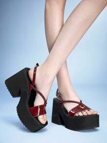 Sugerpunk Giày sandal đế xuồng cao gót thời trang cho nữ, kiểu dáng punk tối giản, cổ thấp, mũi vuông, quai chéo mắt cá chân, khóa cài, hở mũi, thích hợp cho hộp đêm, tiệc tùng, kỳ nghỉ, đi làm, giày nữ tiện dụng. - Màu Đỏ Sâu - Xem 3