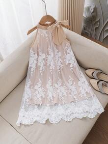 SHEIN Đầm dự tiệc hai lớp voan xếp lớp trang trí nơ cho bé gái - Nhiều màu - Xem 5
