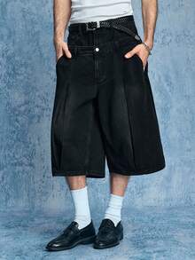 ROMWE MEN Street Life Men's Summer Casual Fashion Street Double Waistband Pleated 2 In 1 Denim Shorts - Black - View 7