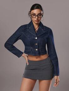 TRNVIE Chaqueta de mezclilla lavada con cuello vuelto y apertura frontal, de estilo casual y elegante - Azul lavado oscuro - Ver 3