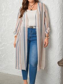 EMERY ROSE 大码女式休闲条纹开襟长款开衫 - 杏色 - 查看 4