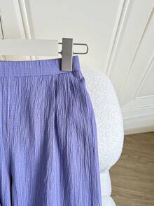 SHEIN Tween Girls 2pcs/Set Casual Solid Purple Textured Fabric Bow Back Camisole Top And Wide Leg Pants Set Girls Lavender Lilac Pants Sets Girl Girls Purple Set, Suitable For Vacation And Casual Daily Wear, Holiday Outfits - Purple - View 7