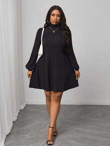 Truni Plus Size Solid Color Stand Collar Long Sleeve Minimalist Short Casual Dress, For Pear Triangle Body Shape - Black - View 6