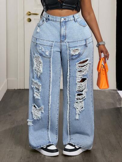 SHEIN Holidaya Plus Size Women High Waist Pockets Distressed Wide Leg Loose Casual Jeans