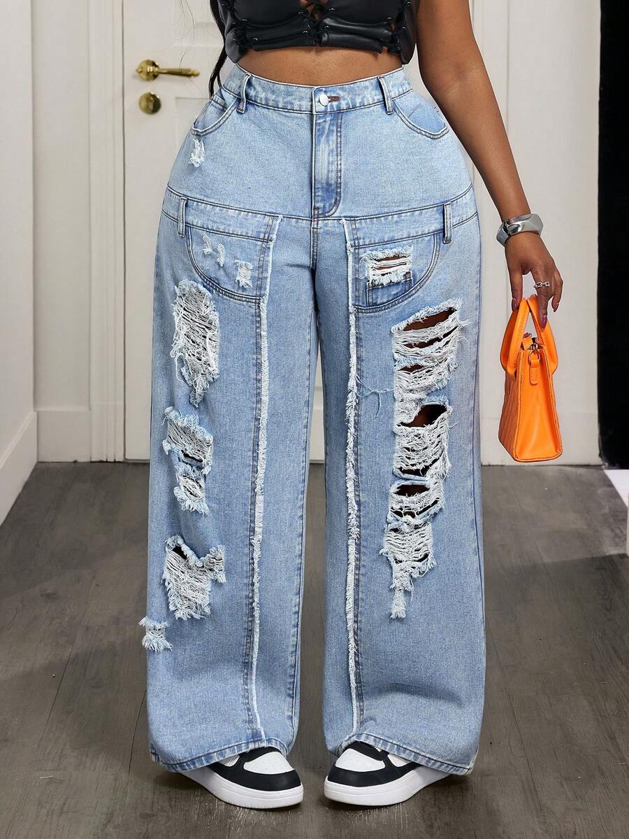 Breezaya Damen Große Größen High Waist Jeans mit Taschen, weites Bein, locker, lässig - Blau - Übersicht 1