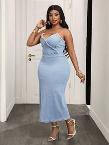 Slaydiva Đầm denim cỡ lớn thời trang mùa hè, gấu quần rách, đính cúc, dây đeo vai - Màu xanh lam - Xem 3