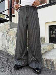 Manfinity Roghcode 男士竖条纹宽松休闲阔腿裤 黑色细条纹裤 男士阔腿裤 阔腿裤 细条纹裤 褶裥裤 - 米色 - 查看 4