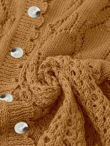 SHEIN LUNE 大码女式纯色针织镂空单排扣短袖露脐休闲轻薄开衫，春夏款 - 駝色 - 查看 5