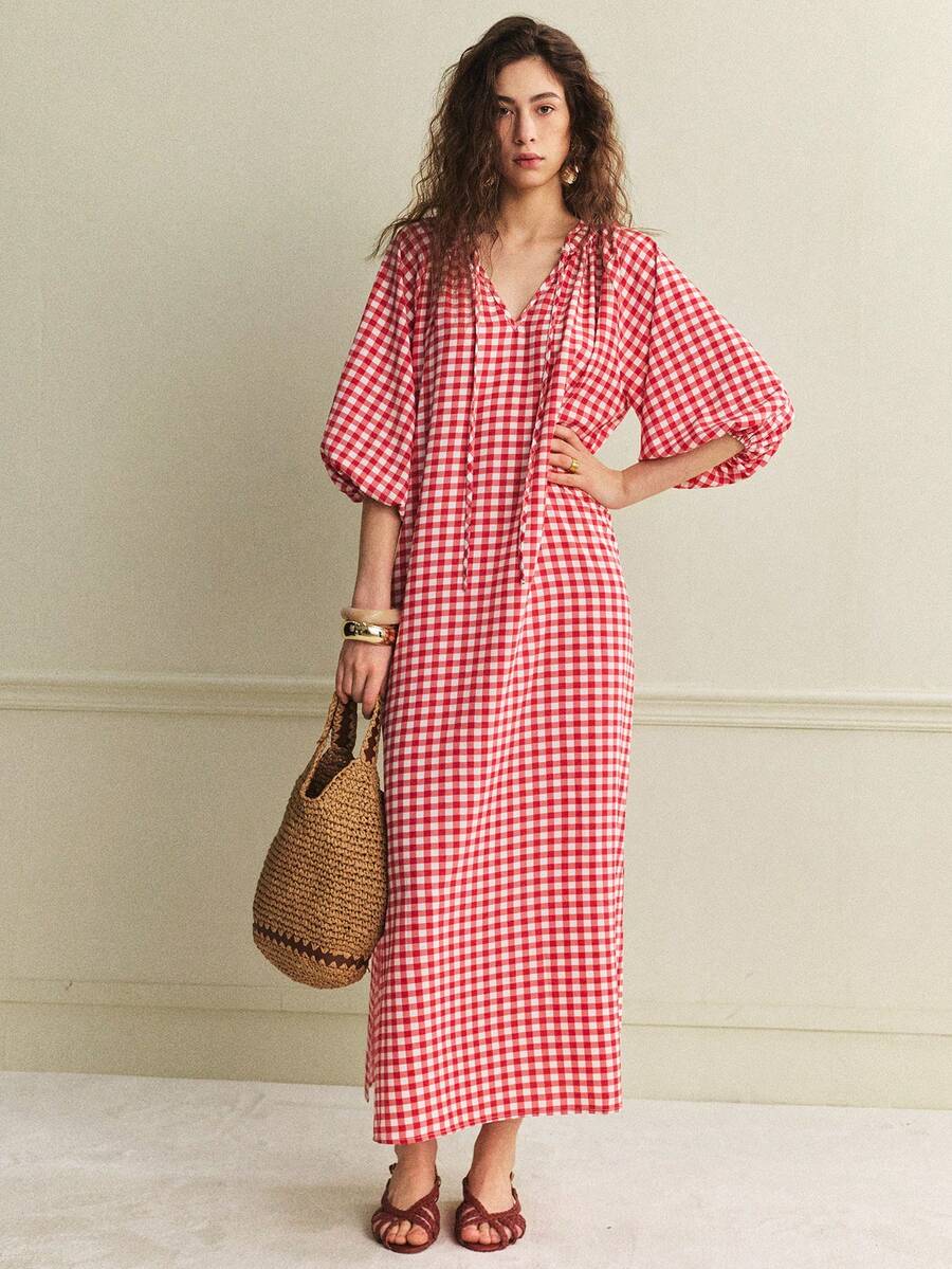 Écloséra 2016新款休闲优雅复古简约宽松红白格纹V领系带袖七分袖连衣裙，女款，春夏款 - 玫瑰紅 - 查看 1