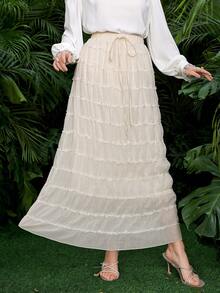 Lacomfia Women's French Style Apricot Pleated Cinched Waist A-Line Skirt - Apricot - View 4