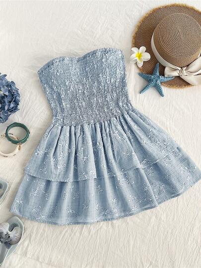 Elamini Women's Light Blue Strapless Cropped Cake Skirt, Casual & Sexy, Suitable For Vacation