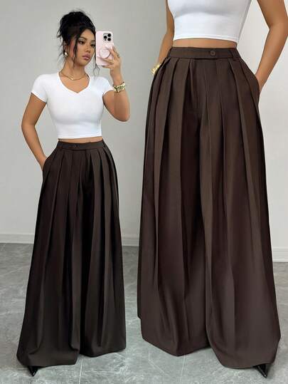 Elenzga 女士褶裥阔腿裤，纽扣设计，宽松版型，优雅法式浪漫复古风，适合办公室、商务、海滩、休闲等多种场合，百搭实用，春夏新品上市