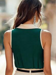 Balvessa Women's Casual Sleeveless Patchwork Color Block Button-Up Shirt, Versatile For Daily Wear - Dark Green - View 2