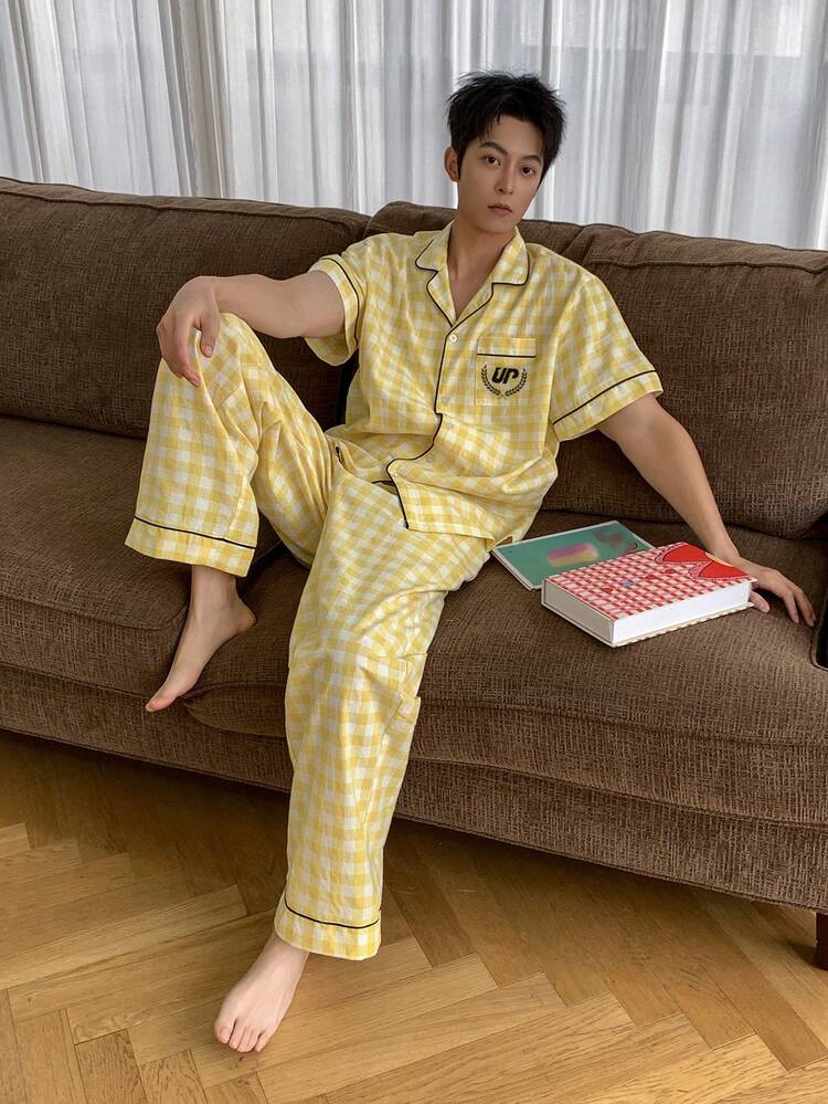 Spring Yellow Letter Print Long Sleeve Pajama Set With Pants For Men