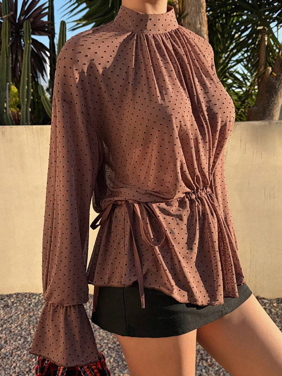 Livesso Spring & Summer Polka Dot Print Brown Pullover Top, Design Details Include Tie Waist, Ruffle Hem, Bell Sleeves, Casual Vacation Beach Chiffon Blouse For Women - Brown - View 1