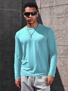 Manfinity Homme Men's Solid Color Round Neck Casual Versatile Long Sleeve T-Shirt, Spring/Summer - Baby Blue - View 7