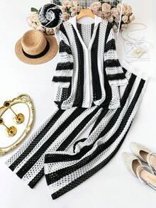 EMERY ROSE Bộ áo len ngoại cỡ, áo sọc dài tay cổ chữ V và quần ống đứng rộng rãi, cho mùa đông - màu đen - Xem 1