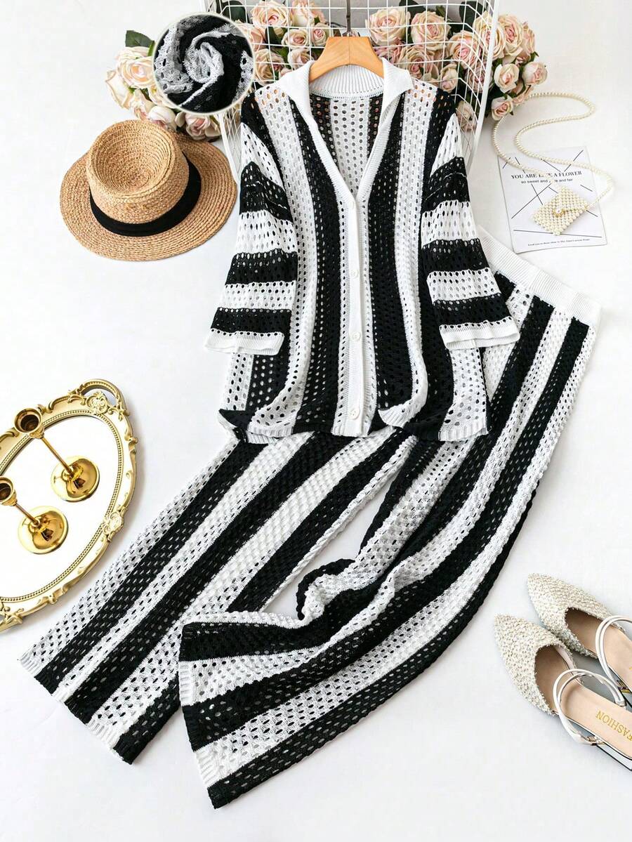 EMERY ROSE Bộ áo len ngoại cỡ, áo sọc dài tay cổ chữ V và quần ống đứng rộng rãi, cho mùa đông - màu đen - Xem 1