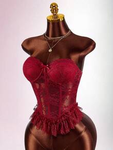 Amplova Women's Lace Top With Sexy Waist Sheer Panel, Built-In Padded Bra And Shapewear, Suitable For Valentine's Day, Dates, New Year Sexy Red Top - Burgundy - View 3