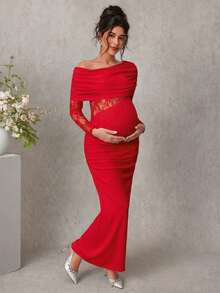 Momance Robe de maternité en dentelle à design patchwork, robe blanche, robe ajustée élégante à manches longues pour femmes enceintes, printemps/automne - Rouge - Voir 5