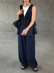 FRIFUL Women's Fashion Double Ruffle Hem Camisole & Denim Pants Set - Black - View 4