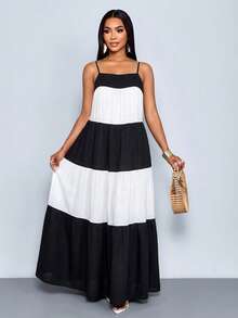 SOLERSUN Spring/Summer Women's Wear: Elegant And Casual Resort Style, Black And White Color Block, Woven Fabric, Sleeveless, Thin Straps, Layered Pleats, Full Skirt Maxi Dress Women Vacation Dress Summer Long Dress Tiered Maxi Dress - Black - View 5