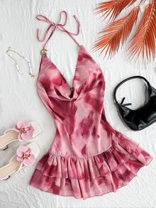 Roelina Vestido casual de mujer con estampado y cuello halter - Rosa - Ver 1
