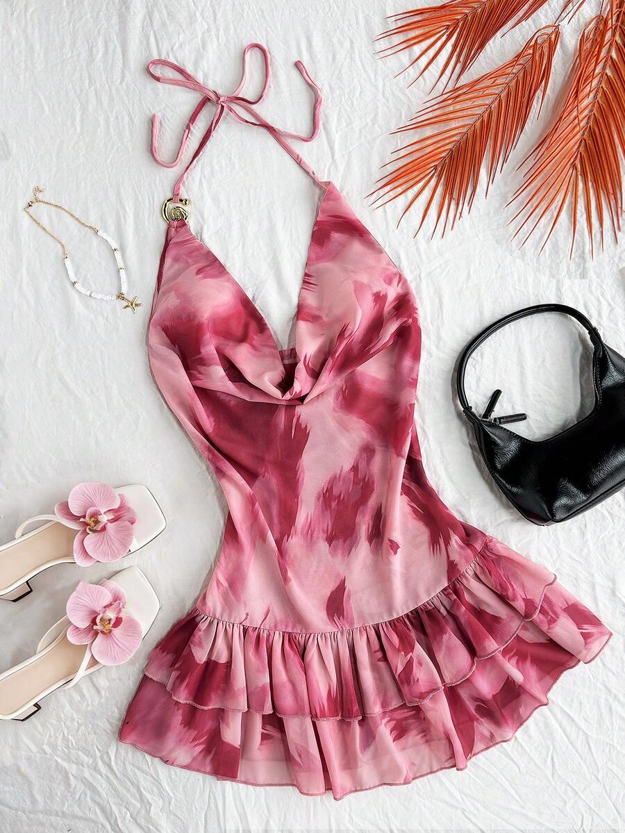 Roelina Vestido casual de mujer con estampado y cuello halter - Rosa - Ver 1