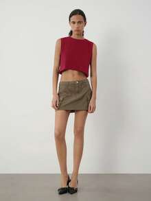 SHEIN BASICS 女士纯色圆领休闲宽松露脐背心 - 酒紅色 - 查看 4