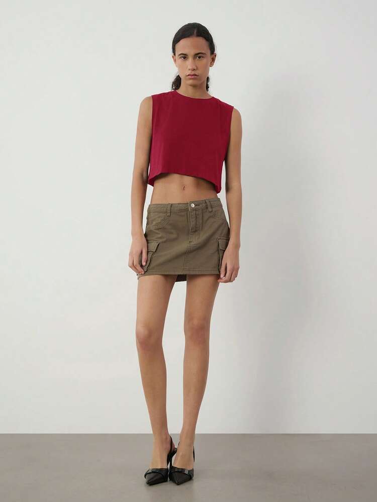 SHEIN BASICS 女士纯色圆领休闲宽松露脐背心 - 酒紅色 - 查看 3