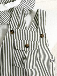 SHEIN Playful Pals 2件裝新生兒男嬰/女嬰中性服裝套裝 綠白條紋吊帶連身褲 夏季休閒度假款 極簡風 0-3歲 - 綠色 - 查看 7