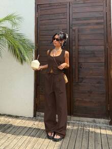 SHEIN EZwear Bộ đồ nữ màu nâu vải lanh gồm áo hai dây và quần dài, kiểu dáng thường ngày cho kỳ nghỉ hè, váy màu nâu sô cô la, quần áo màu nâu, váy màu nâu cà phê, bộ liền thân màu nâu, bộ đồ hai mảnh màu nâu, bộ đồ liền thân nữ màu nâu, áo liền quần nữ màu nâu. - màu nâu - Xem 7