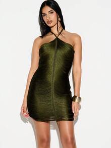 KIZN Metallic Halter Neck Mini Dress With Cross Front Detail And Bodycon Silhouette For Party Evening Occasions - Army Green - View 4