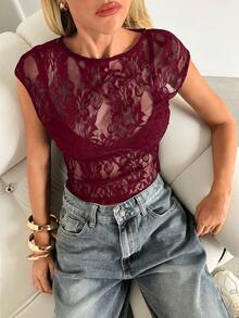 Aloruh 女士性感优雅圆领薄纱蕾丝短袖T恤 - 紫紅色 - 查看 3