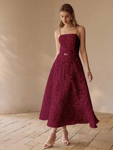 MOTF PREMIUM 法式优雅连衣裙，女士无肩带玫瑰花卉A字型喇叭裙摆礼服 - 酒紅色 - 查看 4