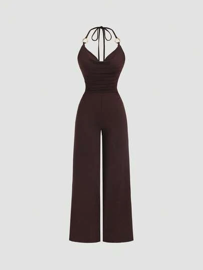 Sweetra Women's Summer European And American Fashion Sexy Solid Coffee Brown Spaghetti Strap Tie Front Plunge Neck Metal Decor Slim Fit Casual Jumpsuit