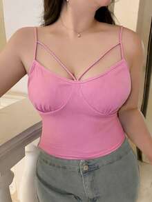 Dazy Plus Plus Size Solid Color Hollow Out Fitted Cropped Camisole Tank Top, Suitable For All Seasons Summer - Hot Pink - View 3