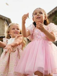 Glamorique Kids 女童花朵花童礼服，3D花瓣袖粉色薄纱公主裙，优雅适合派对、婚礼、庆典 - 粉色 - 查看 9