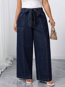 Elenzga Plus Size Women's Elegant Loose Comfortable Dark Blue Non-Stretch Wide Leg Jeans - Dark Wash - View 1