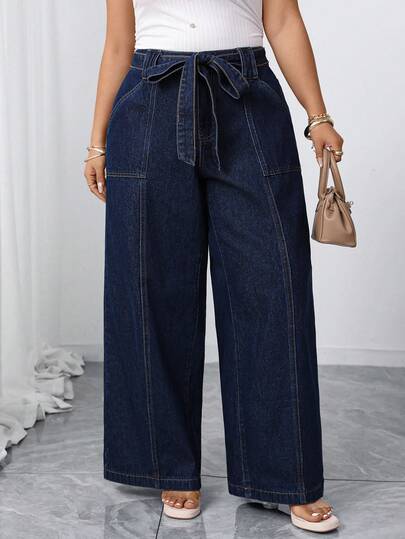 Elenzga Plus Size Women's Elegant Loose Comfortable Dark Blue Non-Stretch Wide Leg Jeans