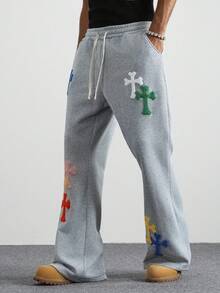 PAVTROS 男士抽绳腰带交叉图案口袋阔腿休闲运动裤 - 灰色 - 查看 1