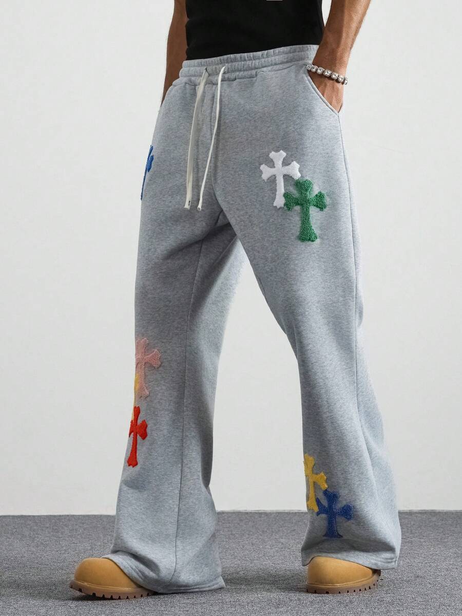 PAVTROS 男士抽绳腰带交叉图案口袋阔腿休闲运动裤 - 灰色 - 查看 1